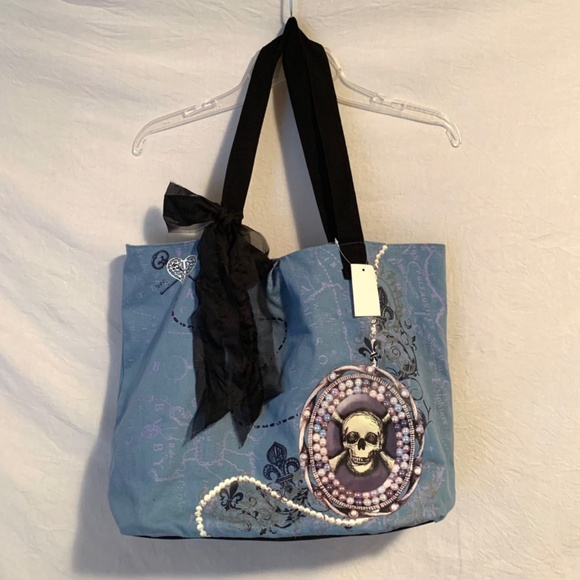 Claire's Blue Skull Tote Bag With Black Bow - Picture 1 of 10